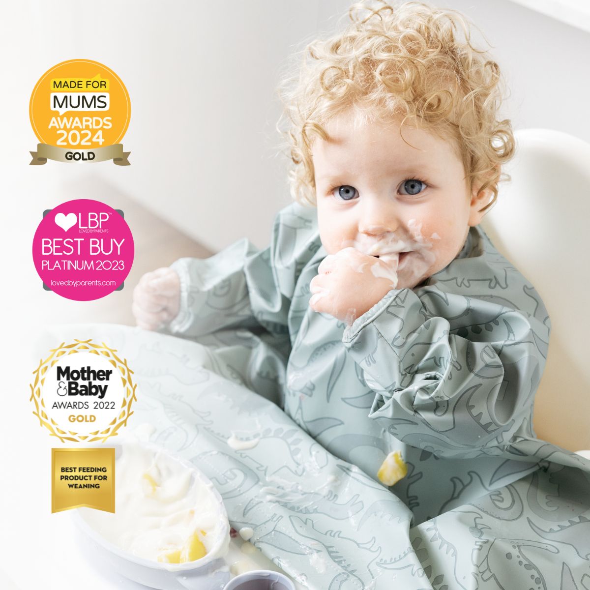 Bibado Coverall weaning bib in use